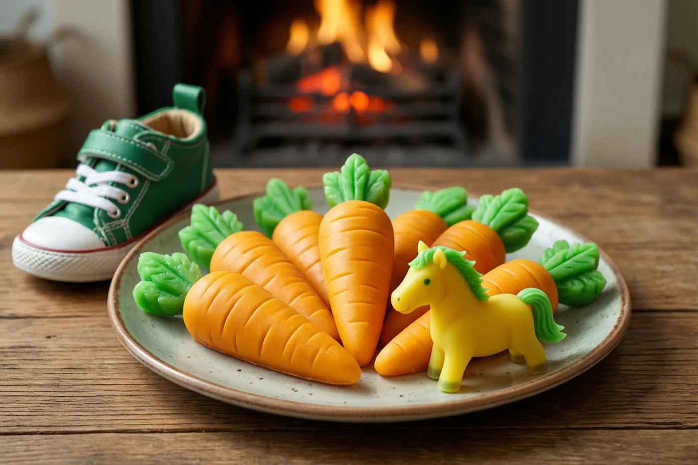 Een bord met marsepeinen wortels en een klein geel paardenfiguurtje staat op een houten tafel naast een groene kinderschoen, met een warme haard op de achtergrond.