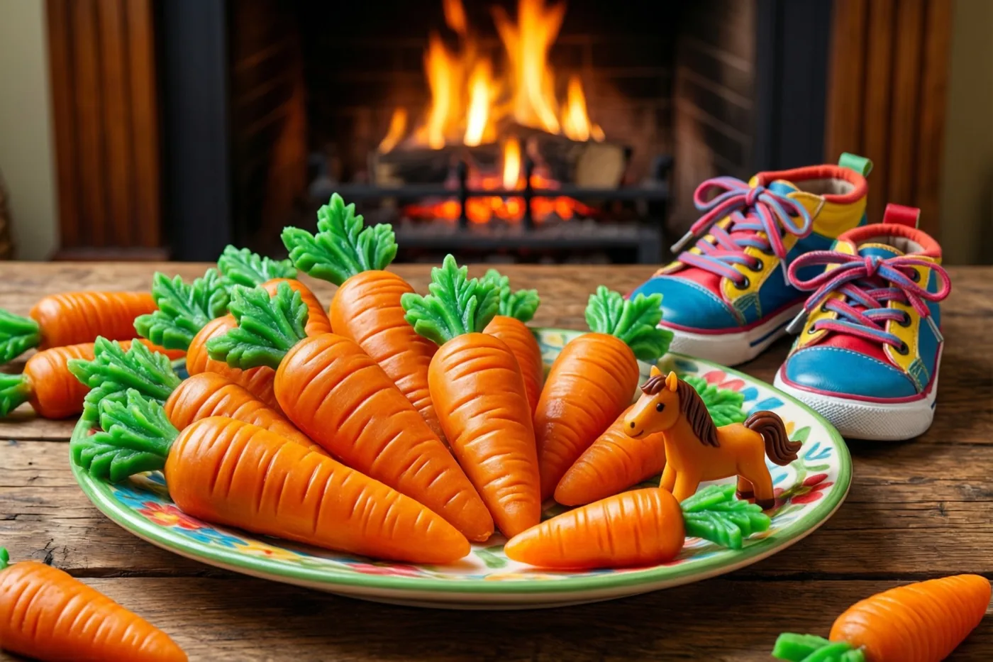 Een bord met marsepeinen wortels en een klein paardenfiguurtje staat op een houten tafel naast een kleurrijke kindersportschoen, met een brandende open haard op de achtergrond.