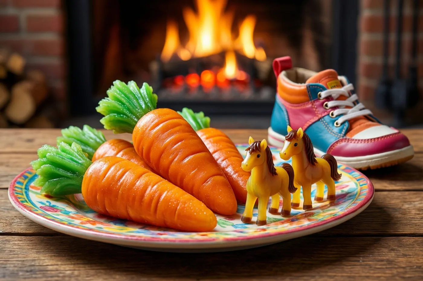 Een bord met marsepeinen wortels en kleine paardenfiguurtjes staat op een houten tafel naast een kleurrijke kindersportschoen, met een warme haard op de achtergrond.