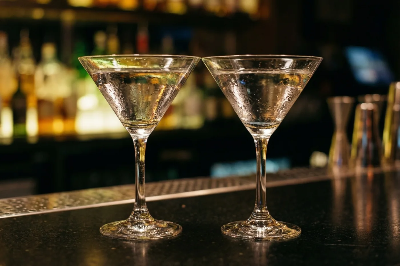 Twee martiniglazen met heldere vloeistof staan naast elkaar op een donkere, spiegelende bar, met onscherpe flessenrekken en warme verlichting op de achtergrond.