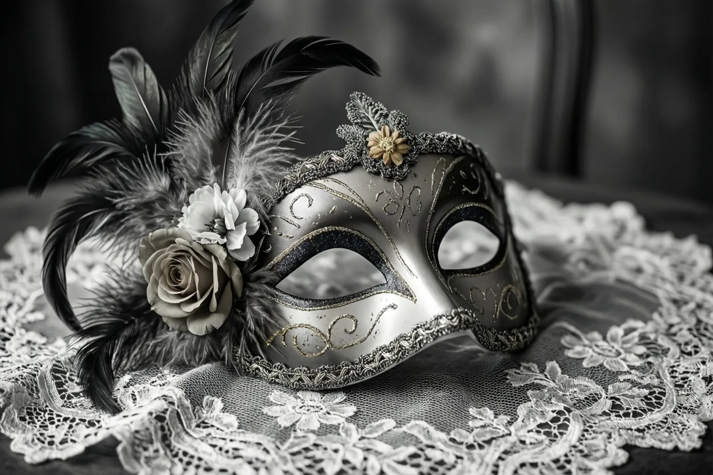 Een sierlijk masker met veren en bloemen ligt op een rijk versierde kanten doek, weergegeven in monochrome tinten.
