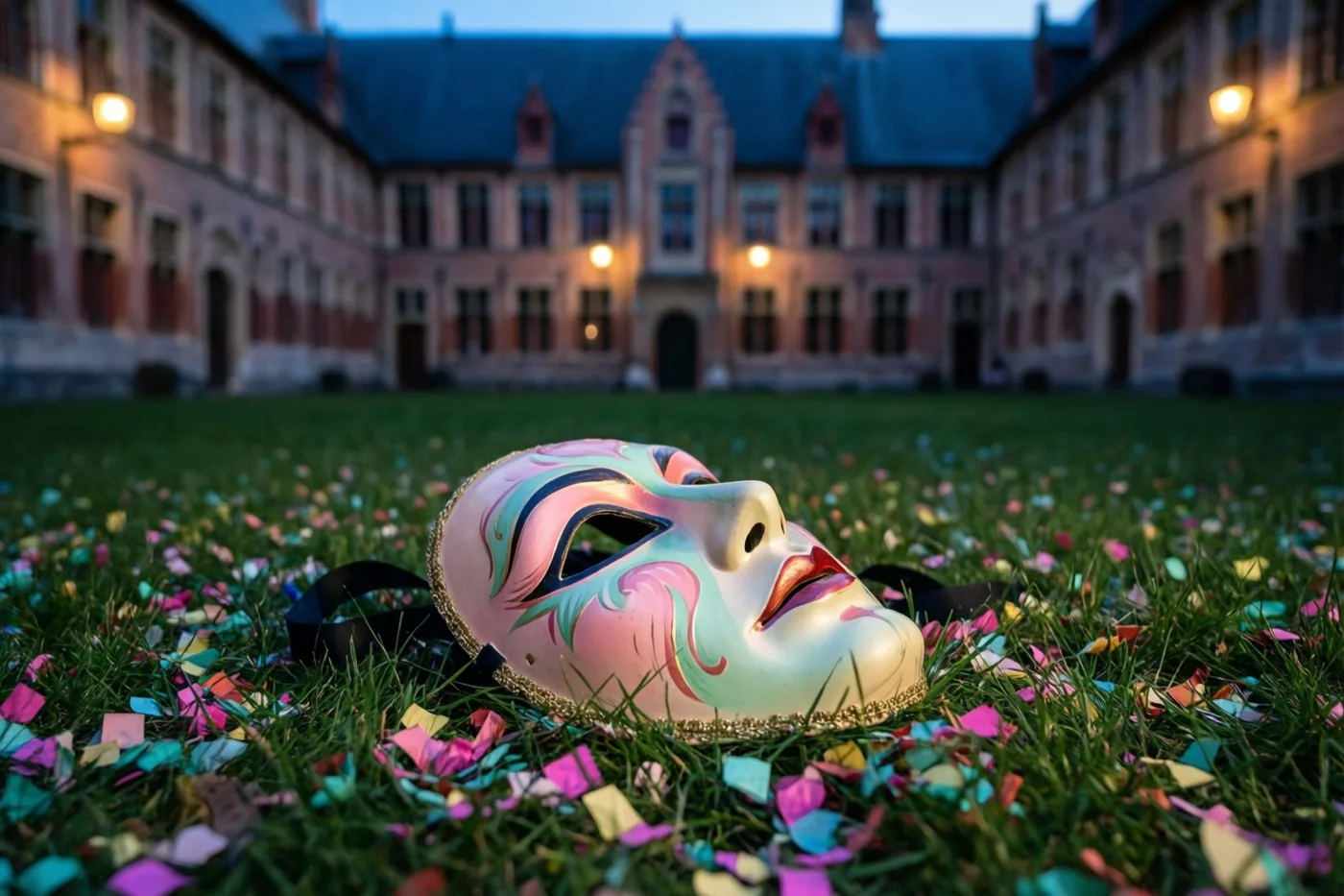 Een kleurrijk carnavalsmasker ligt tussen confetti op het gras van een historische binnenplaats bij schemering, met warme verlichting onder een koelblauwe hemel.