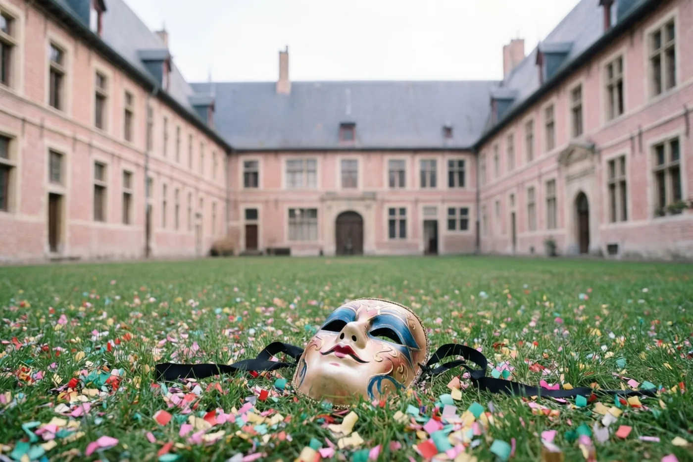 Een versierd carnavalsmasker ligt met kleurrijke confetti op een grasveld voor een roze bakstenen gebouw in begijnhofstijl met meerdere ramen en een centrale ingang.