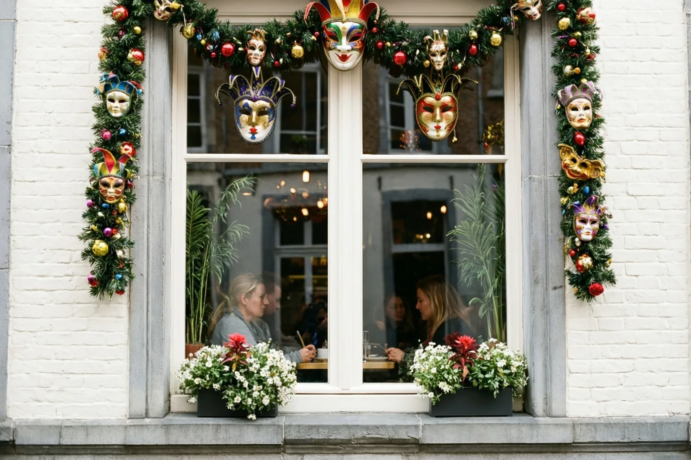 Een caféraam in een witte bakstenen muur is versierd met feestelijke slingers en kleurrijke maskers, met bloempotten op de vensterbank.