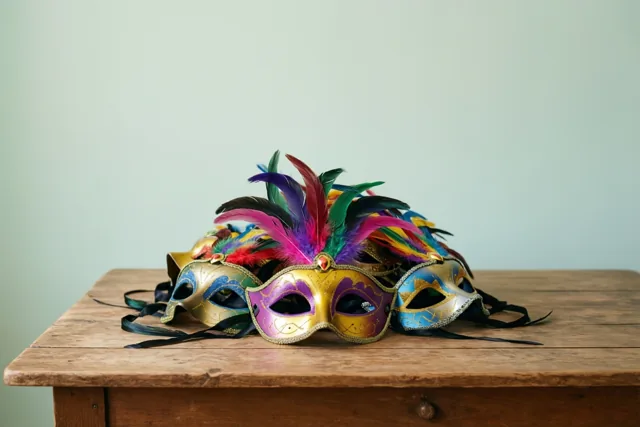 Een stapel sierlijke kleurrijke maskers met bonte veren ligt op een rustieke houten tafel tegen een effen lichtgroene muur.