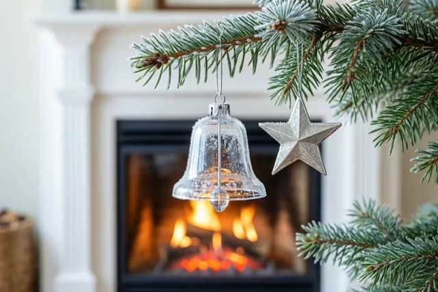 Een klokje van matglas en een zilveren ster hangen aan een besneeuwde dennentak voor een gloeiend haardvuur.