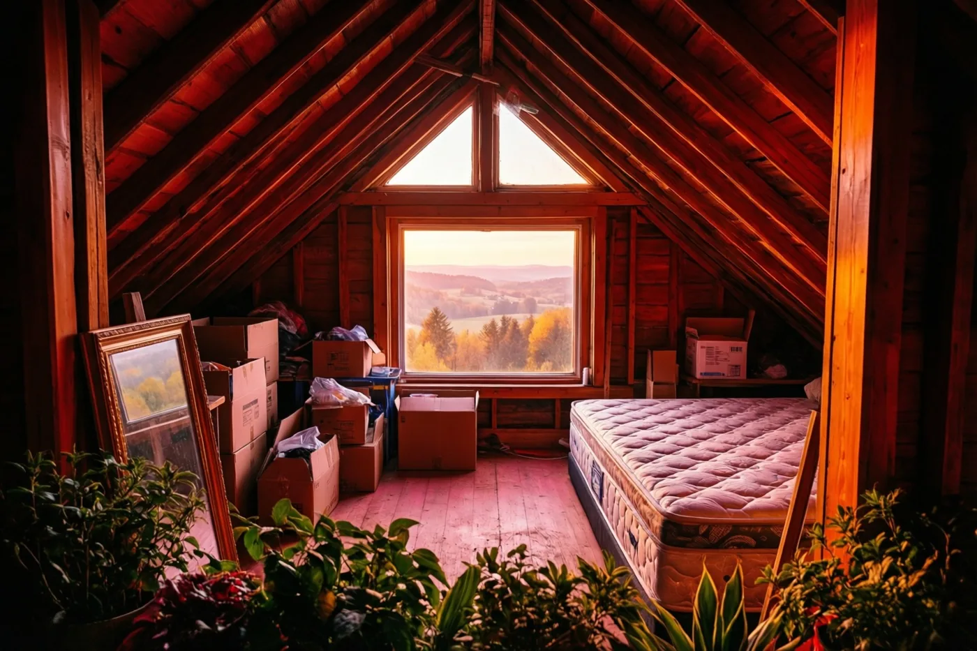 Een matras en uitgepakte kartonnen dozen liggen in een zolderkamer met een schuin dak en groot raam, met goudkleurig licht en groene planten op de voorgrond.