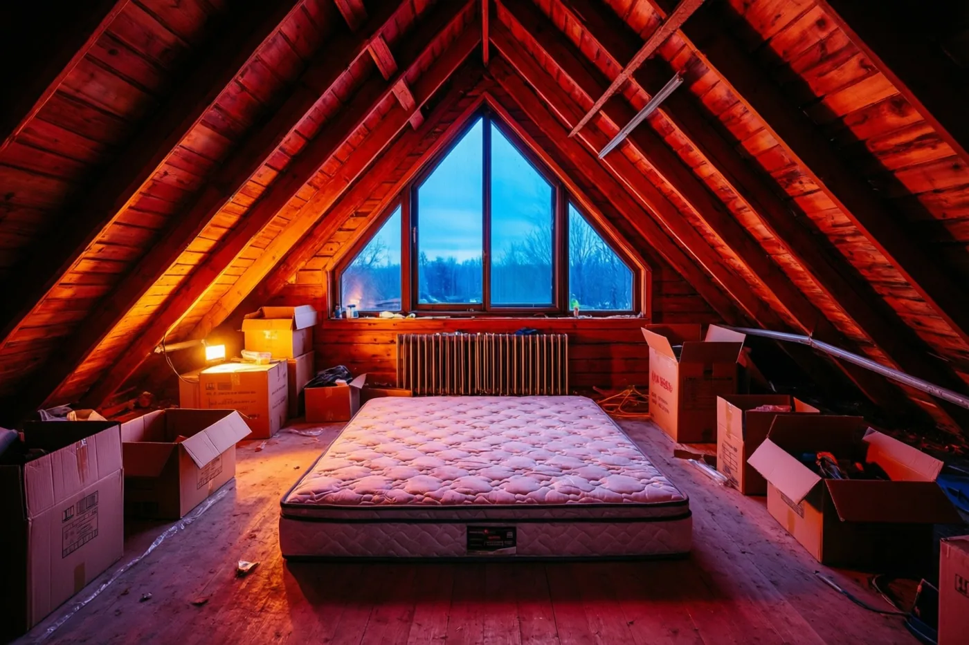 Een matras ligt tussen uitgepakte dozen onder een schuin houten dak met een groot driehoekig raam, in warm roodoranje en koel blauw licht.