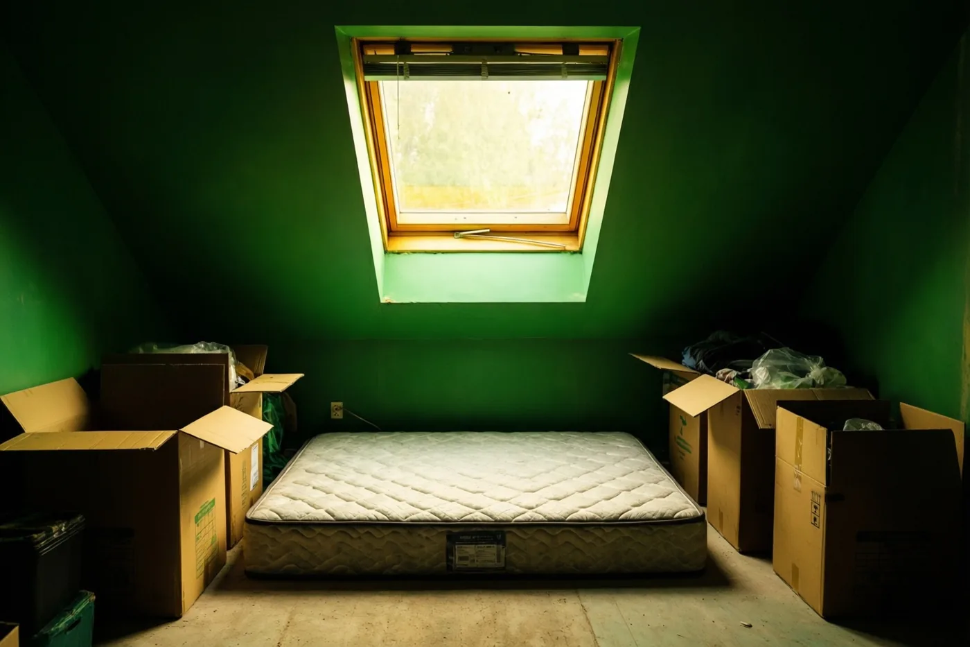 In een zolderkamer met groene muren ligt een matras tussen uitgepakte kartonnen dozen, verlicht door een schuin dakraam.