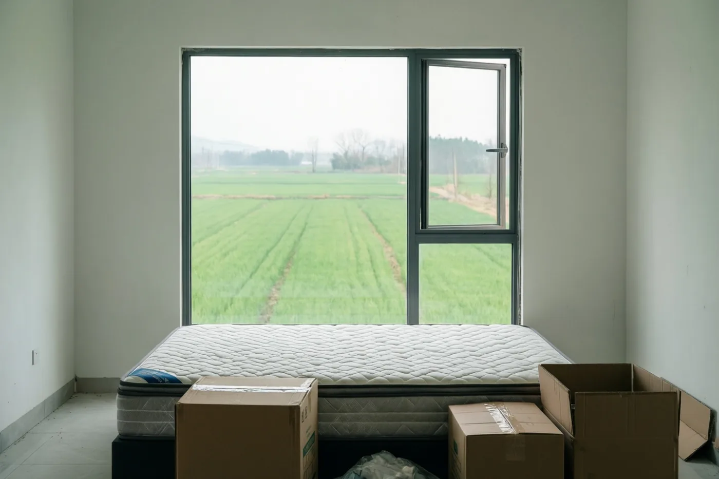 In een kale slaapkamer met witte muren liggen een matras en verhuisdozen voor een groot raam met een grijs kozijn en uitzicht op groene velden.