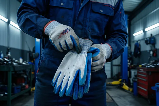 Een mecanicien trekt werkhandschoenen aan in een garage, in een beeld met blauwe, witte en grijze tinten.