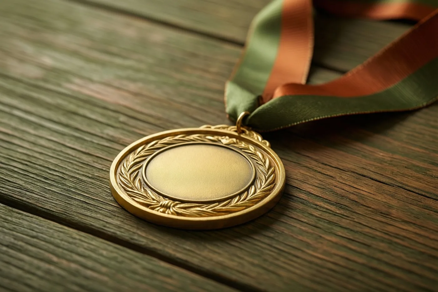 Een gouden medaille met een lauwerkransmotief en een groen-bruin lint ligt op een verweerde houten tafel.