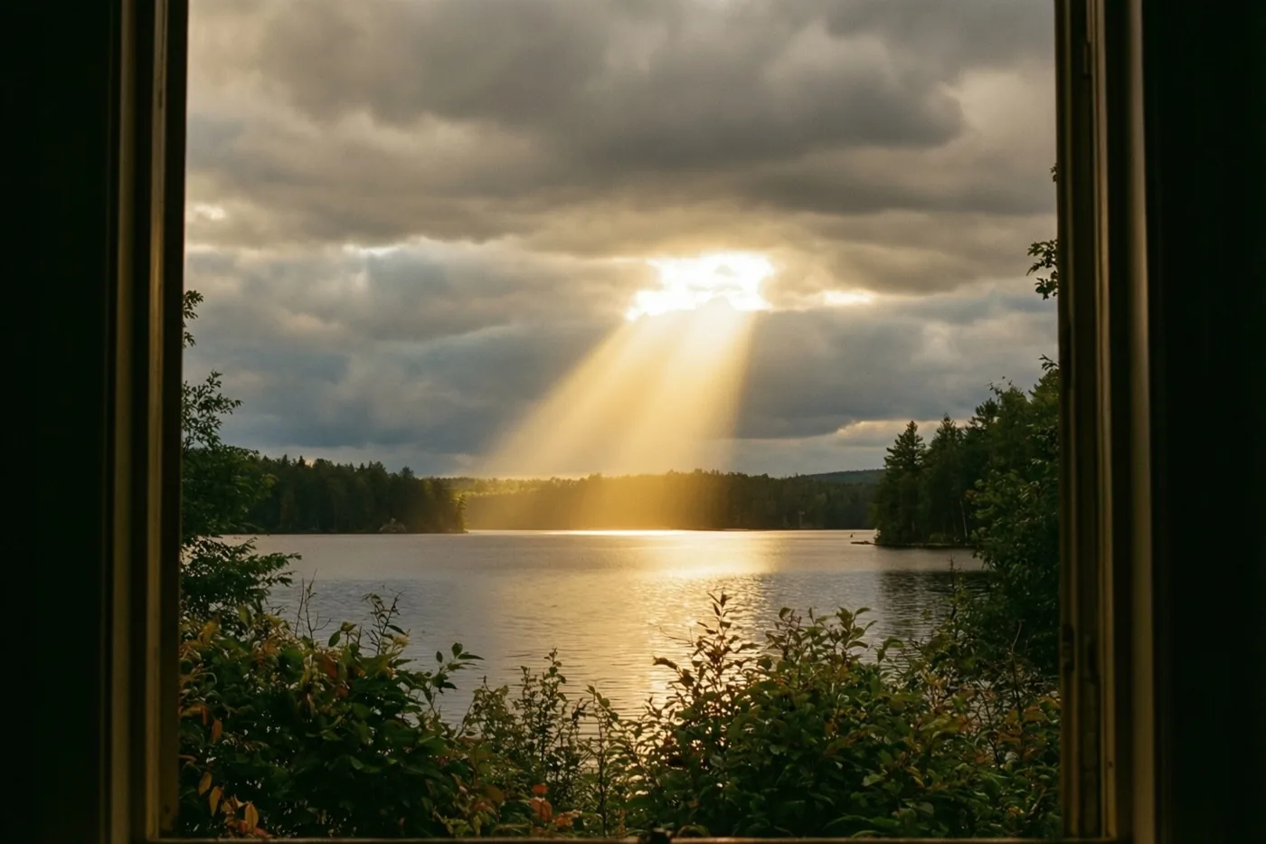 Door een raam zie je een kalm meer waarboven gouden zonlicht door zware grijze wolken breekt.