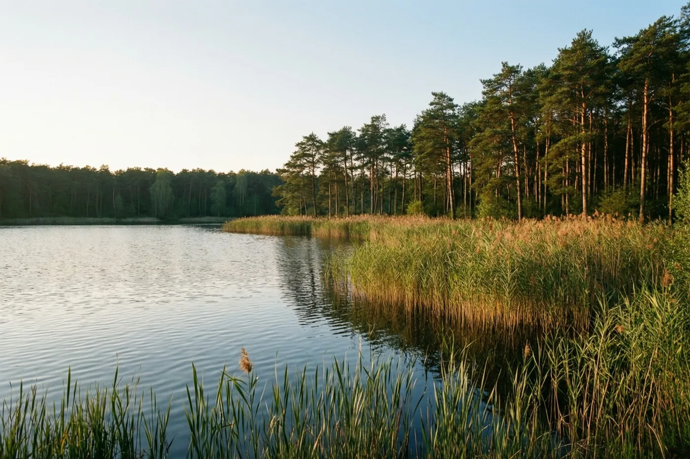 Een rustig meer ligt tussen hoog riet op de voorgrond en een dichte rij dennen onder een heldere hemel, in zacht warm licht.