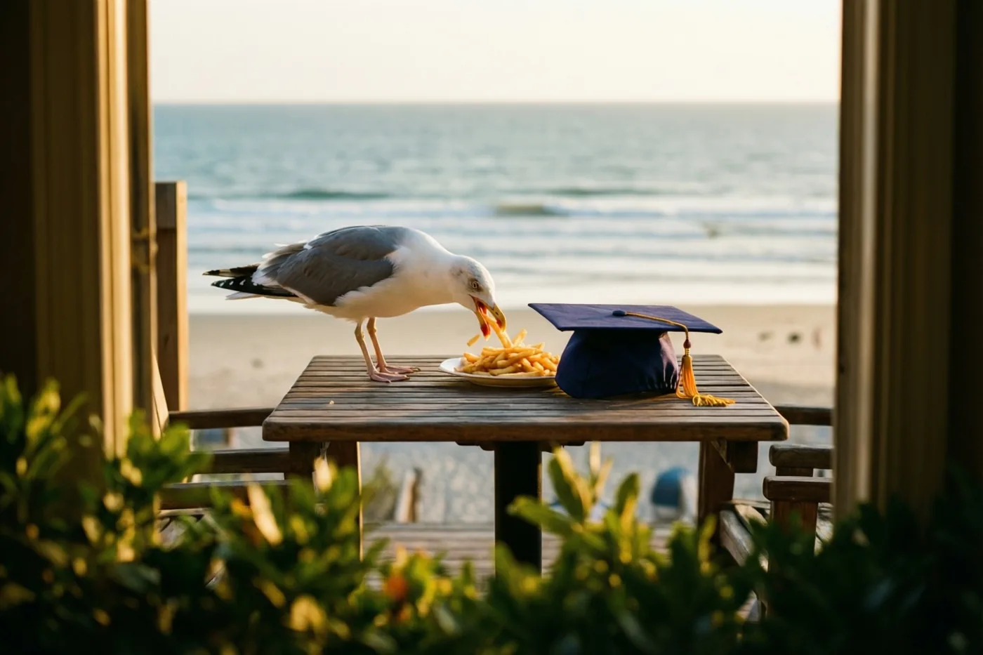 Een meeuw eet frietjes van een bord op een houten tafel naast een afstudeerhoed, met strand en zee erachter en houten pijlers en groen vooraan in warm goudkleurig licht.
