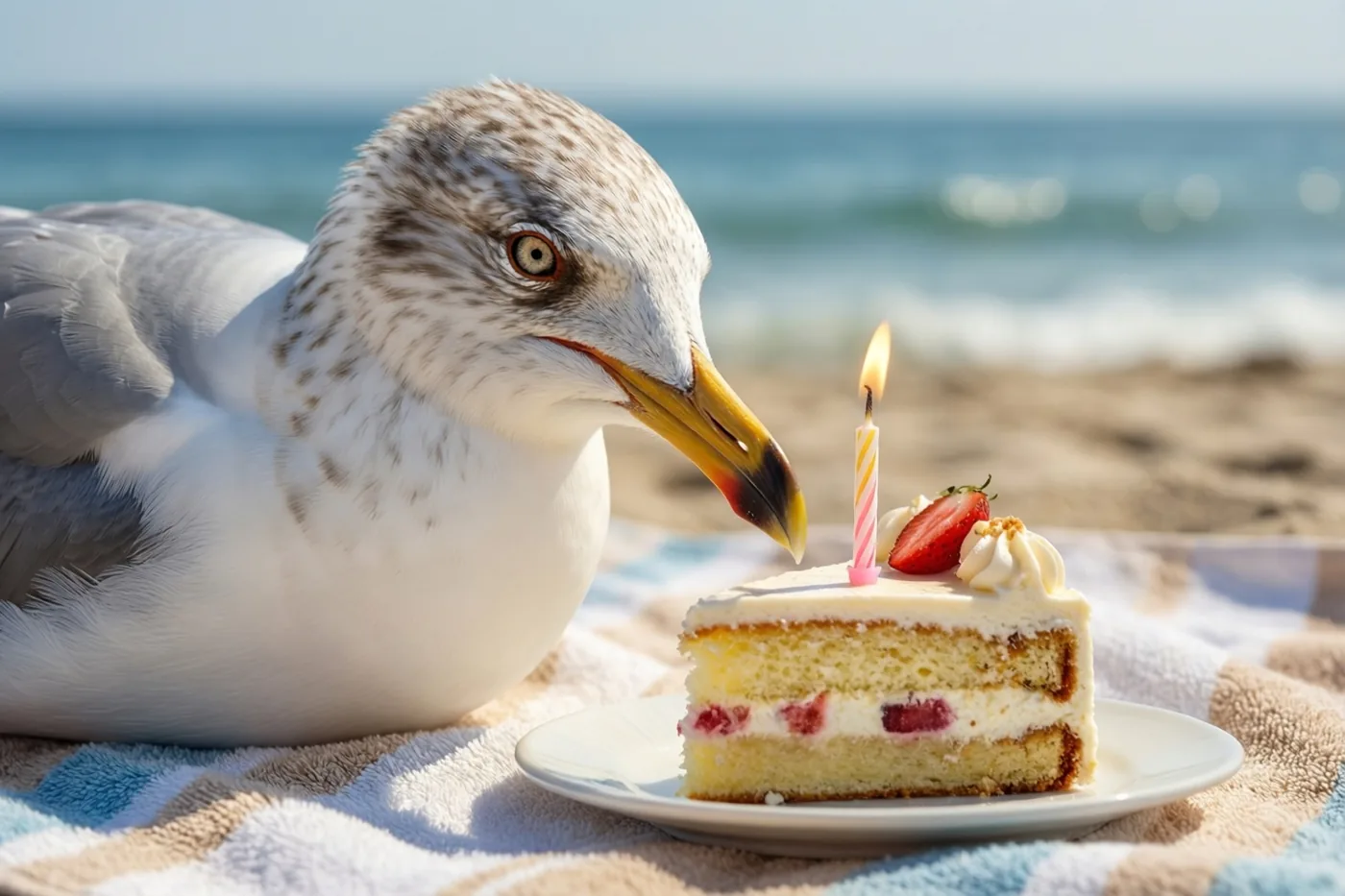 Een meeuw bekijkt van dichtbij een stuk verjaardagstaart met een brandende kaars op een strandhanddoek bij de zee, in helder zonlicht.