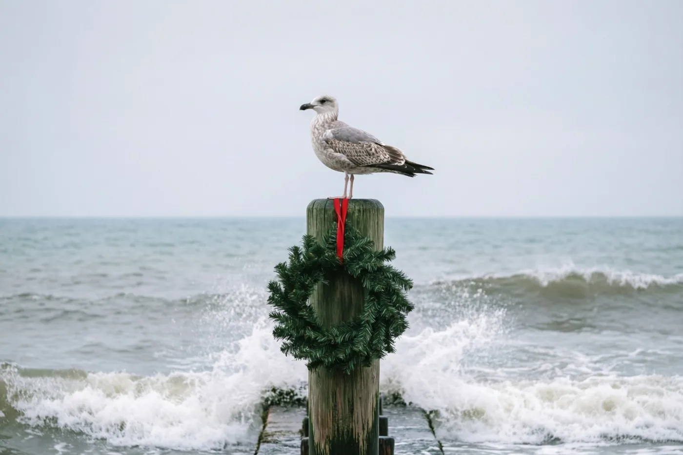 Een meeuw zit op een houten strandhoofdpaal met een groene kerstkrans en een rood lint, boven brekende golven onder een bewolkte hemel.
