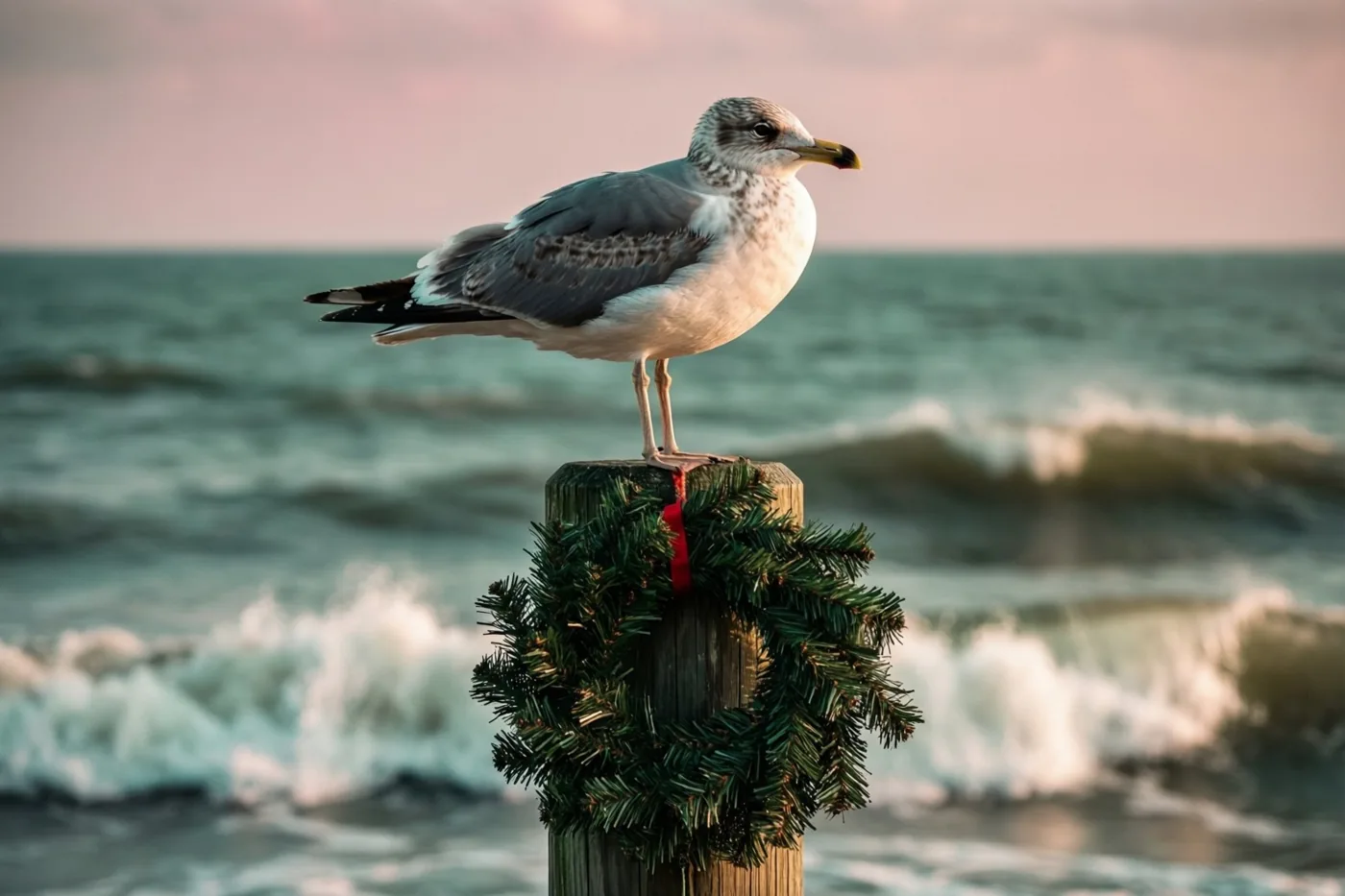Een meeuw zit op een houten paal met een groene kerstkrans, met brekende zeegolven op de achtergrond in zachte roze en blauwgroene tinten.