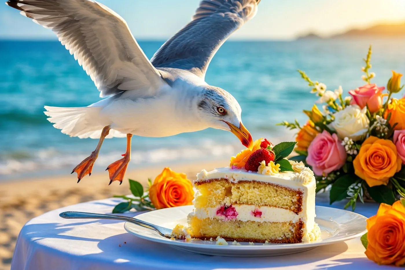 Een meeuw vliegt laag boven een strandtafel met een stuk taart en bloemen, met de zee en een zonsondergang in blauwe, witte en oranje tinten op de achtergrond.
