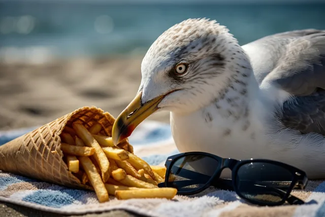 Een meeuw buigt zich over een wafelhoorntje met frieten op een strandhanddoek met een patroon, naast een zwarte zonnebril en met de zee op de achtergrond.
