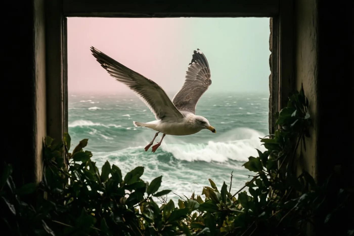 Door een donker houten raam is een vliegende meeuw boven een woelige zee onder een roze hemel te zien, met groen op de voorgrond.