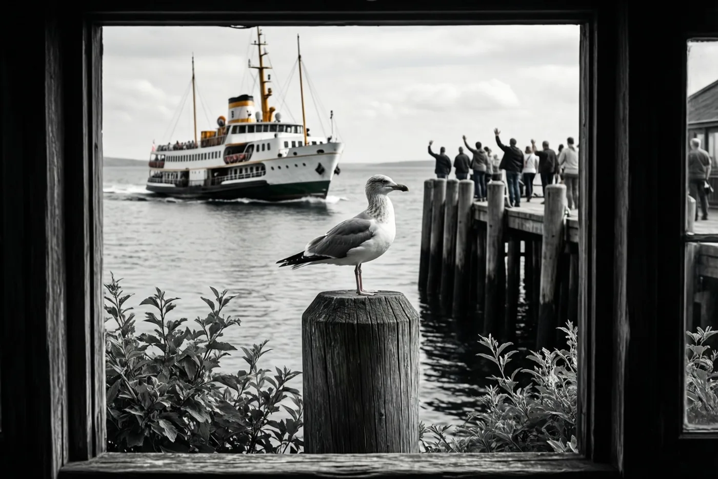 Door een donker houten raamkozijn is een meeuw op een houten paal te zien, met een vertrekkende veerboot en zwaaiende mensen op een pier in vrijwel één kleurtoon.