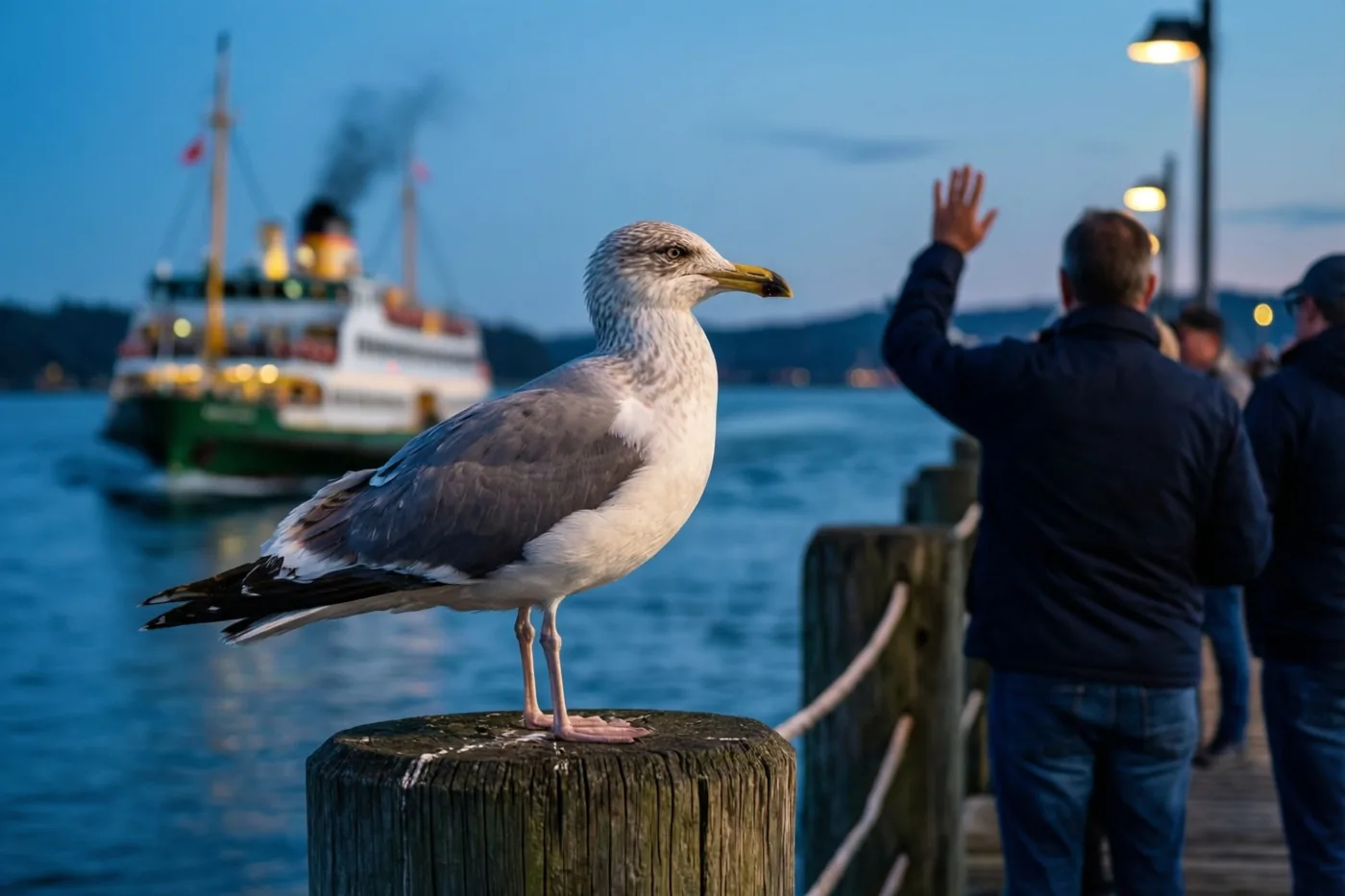 Een meeuw zit op een houten paal in een haven en kijkt naar een veerboot die in de blauw-witte schemering wegvaart.
