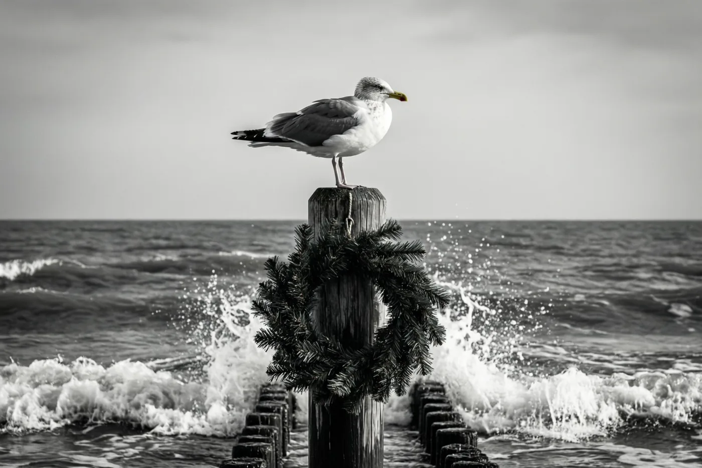 Op een zwart-witfoto zit een meeuw op een houten strandhoofdpaal met een kerstkrans, terwijl de golven eronder breken.