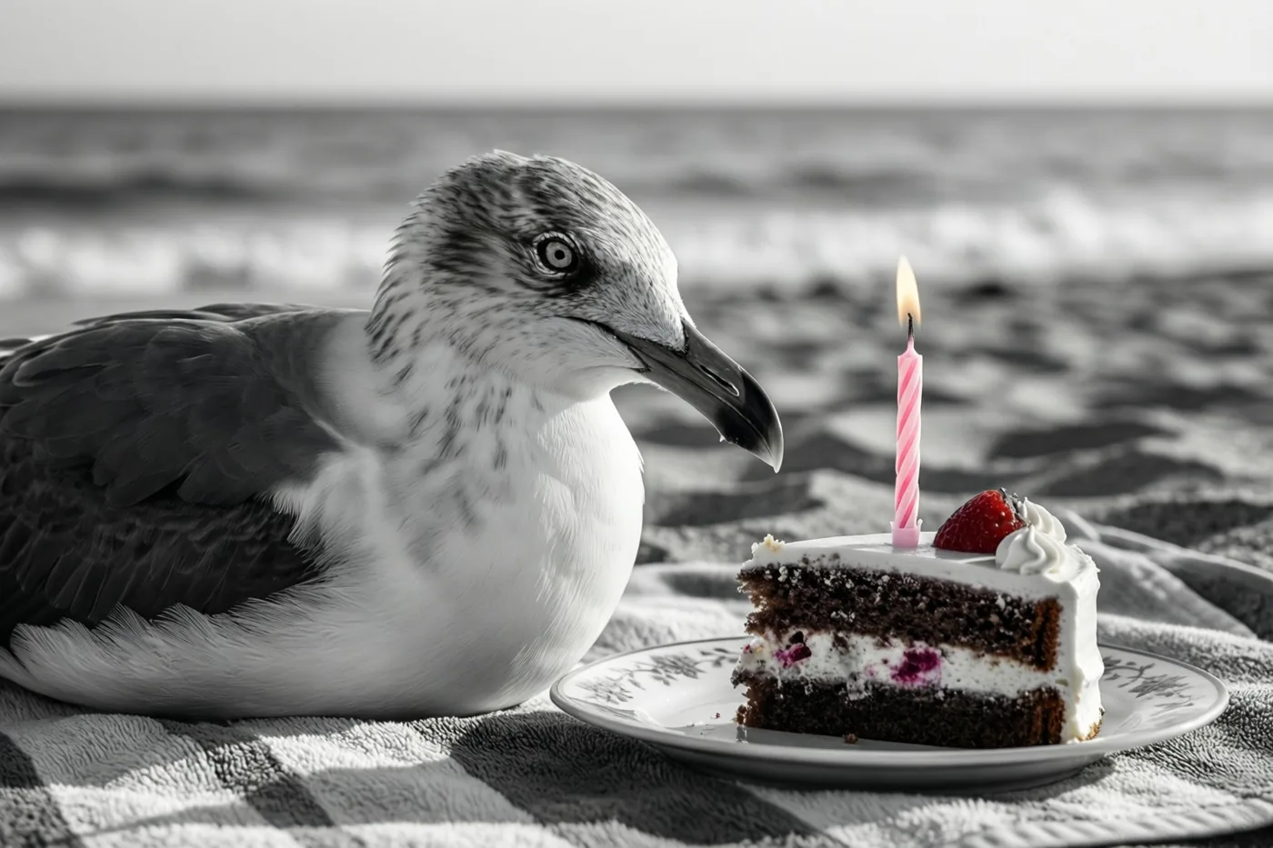Een meeuw zit op een strandhanddoek naast een stuk chocoladetaart met een brandende roze kaars, waarbij de taart en kaars in kleur afsteken tegen de zwart-witte strandomgeving.