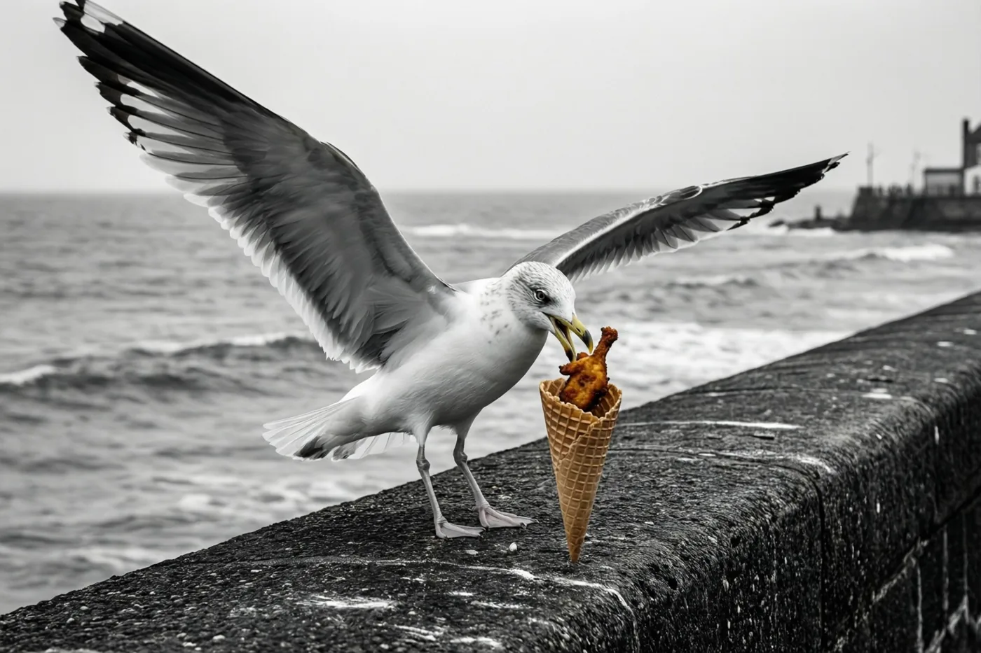 Een meeuw met gespreide vleugels pikt op een zeemuur aan een stuk gefrituurde kip in een wafelhoorntje, met alleen het goudbruine eten in kleur tegen een zwart-witte zee en bewolkte lucht.