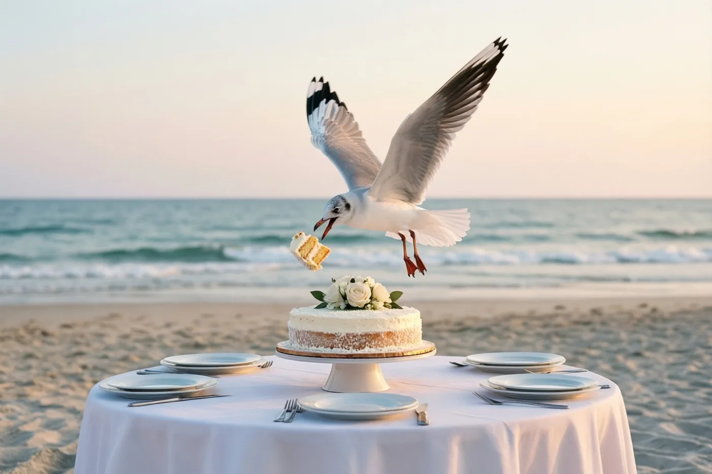 Een meeuw vliegt met een stuk taart weg van een tafel met een wit tafelkleed voor een trouwreceptie op het strand, met de zee en een zachte zonsondergang op de achtergrond.