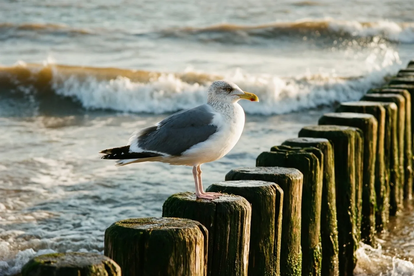 Een meeuw staat op een rij verweerde houten golfbrekers die de zee in loopt, met brekende golven in warm goudkleurig licht.