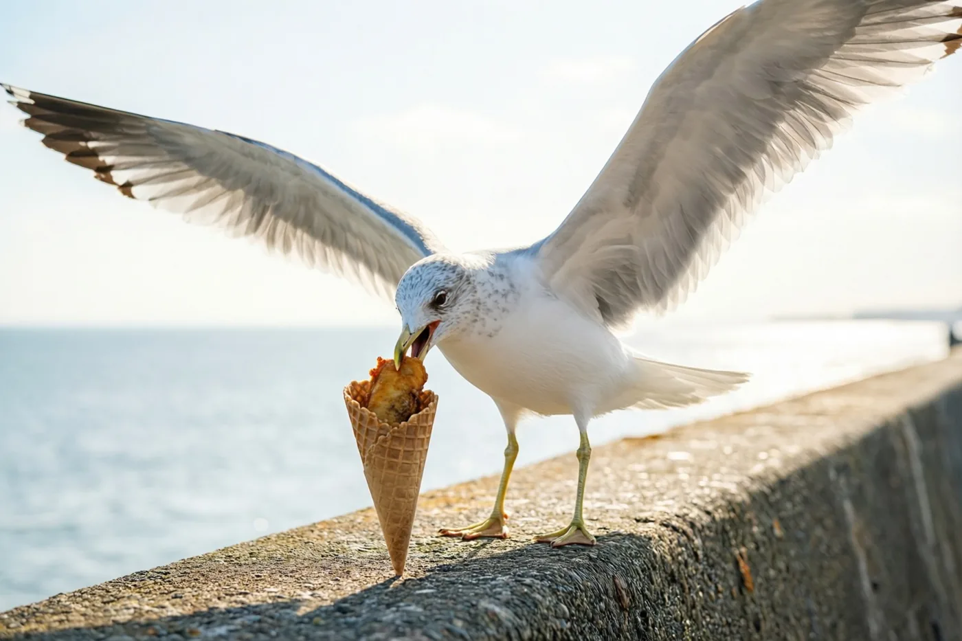 Een meeuw met gespreide vleugels eet een gefrituurd hapje uit een wafelhoorntje op een betonnen zeemuur, met een kalme zee en heldere lucht in warm zonlicht.