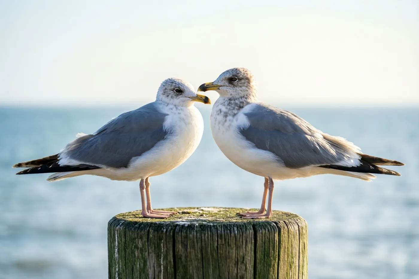 Twee meeuwen zitten naast elkaar op een verweerde houten paal aan de rand van een kalme blauwe zee in zacht natuurlijk licht.