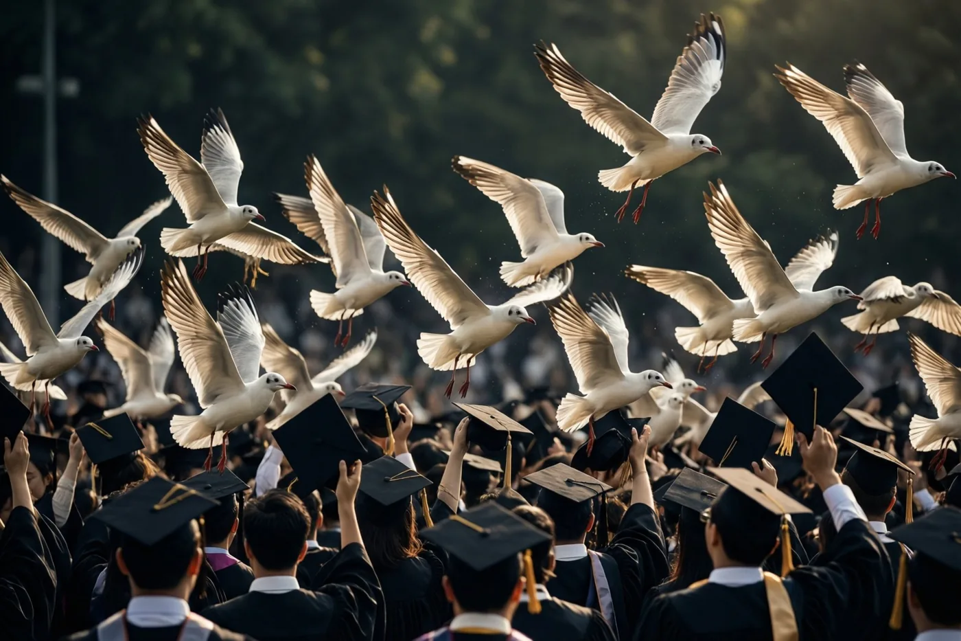 Witte meeuwen met gespreide vleugels vliegen boven afgestudeerden in zwarte toga's die hun hoeden opwerpen, tegen een onscherpe groene achtergrond.
