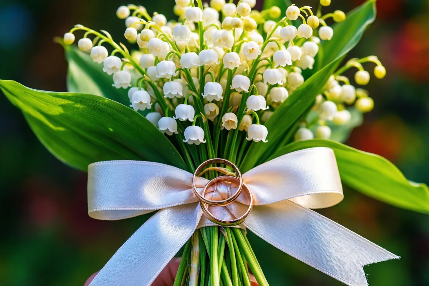 Een close-up toont witte meiklokjes met een wit zijden lint waarop twee gouden trouwringen liggen, tegen een wazige achtergrond in groene en warme tinten.
