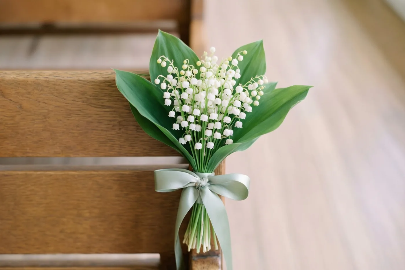 Een klein boeket witte meiklokjes met groene bladeren en een lichtgroen zijden lint ligt tegen de rugleuning van een houten kerkbank.