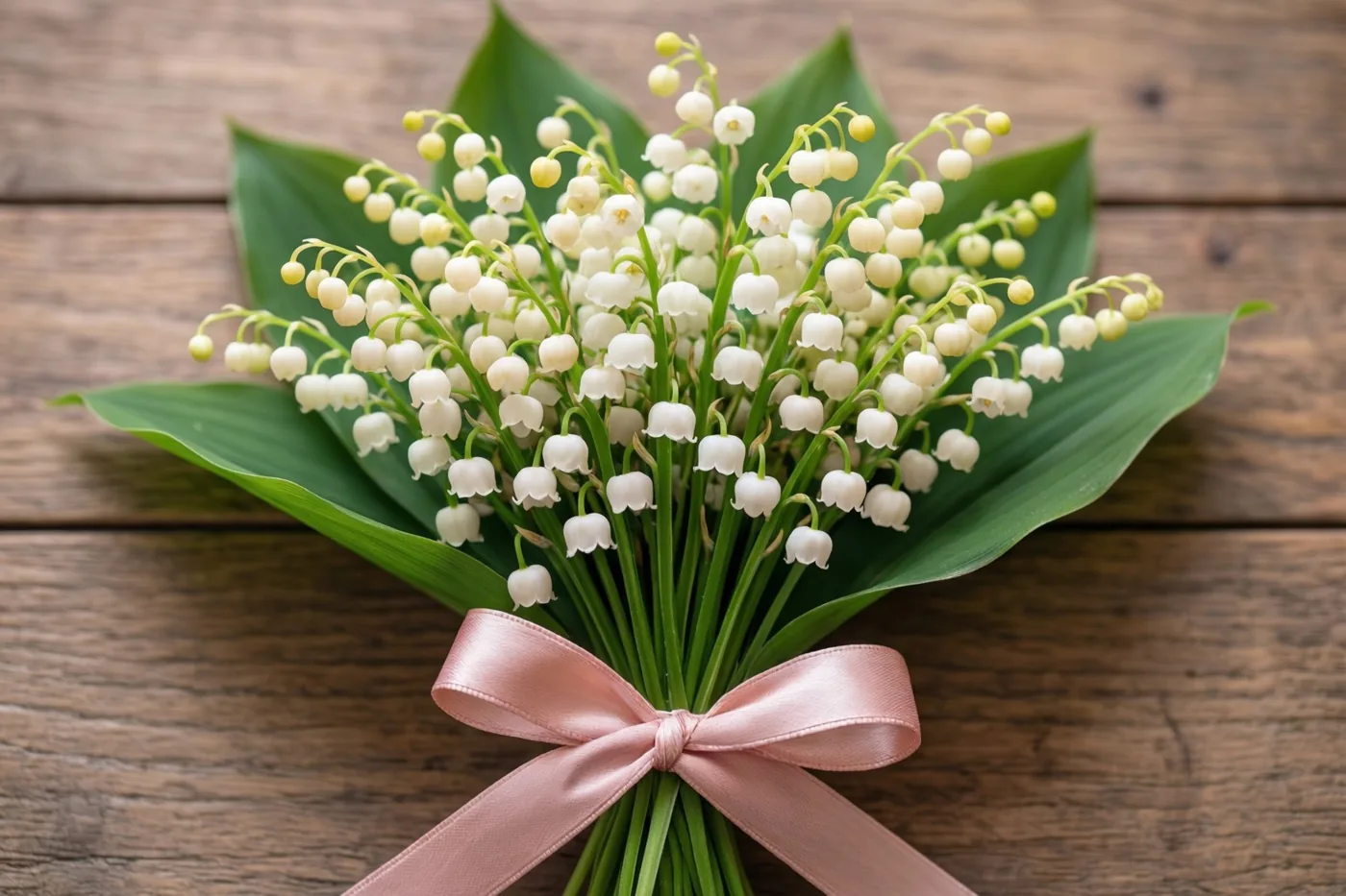 Een boeketje witte meiklokjes met een roze lint ligt op een rustieke houten tafel.