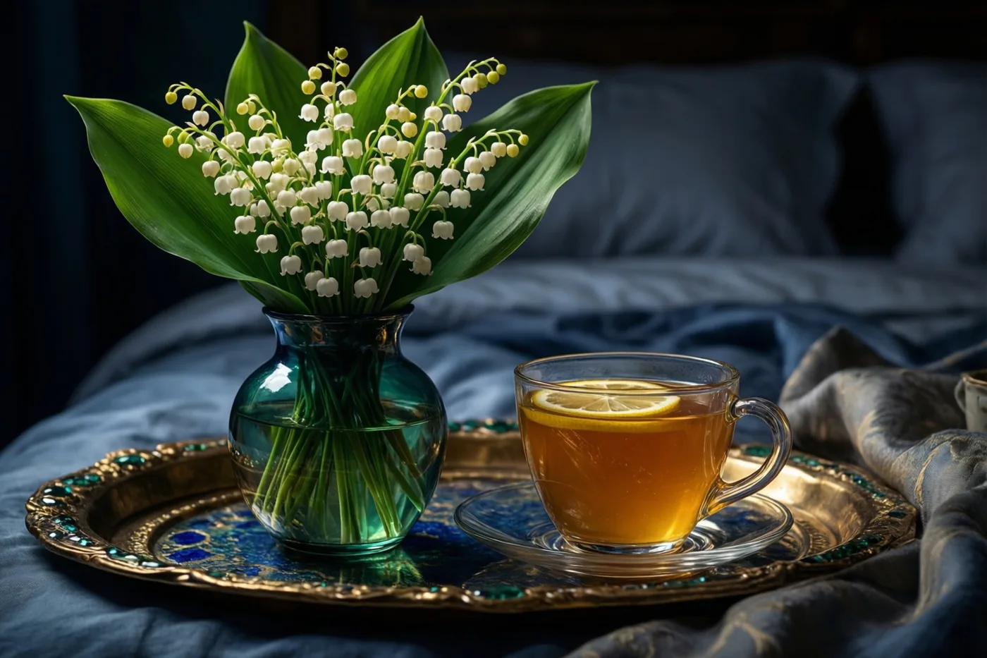 Een vaas met meiklokjes staat naast een glas thee met honing en citroen op een sierlijk dienblad op een bed met blauw beddengoed in zacht licht.