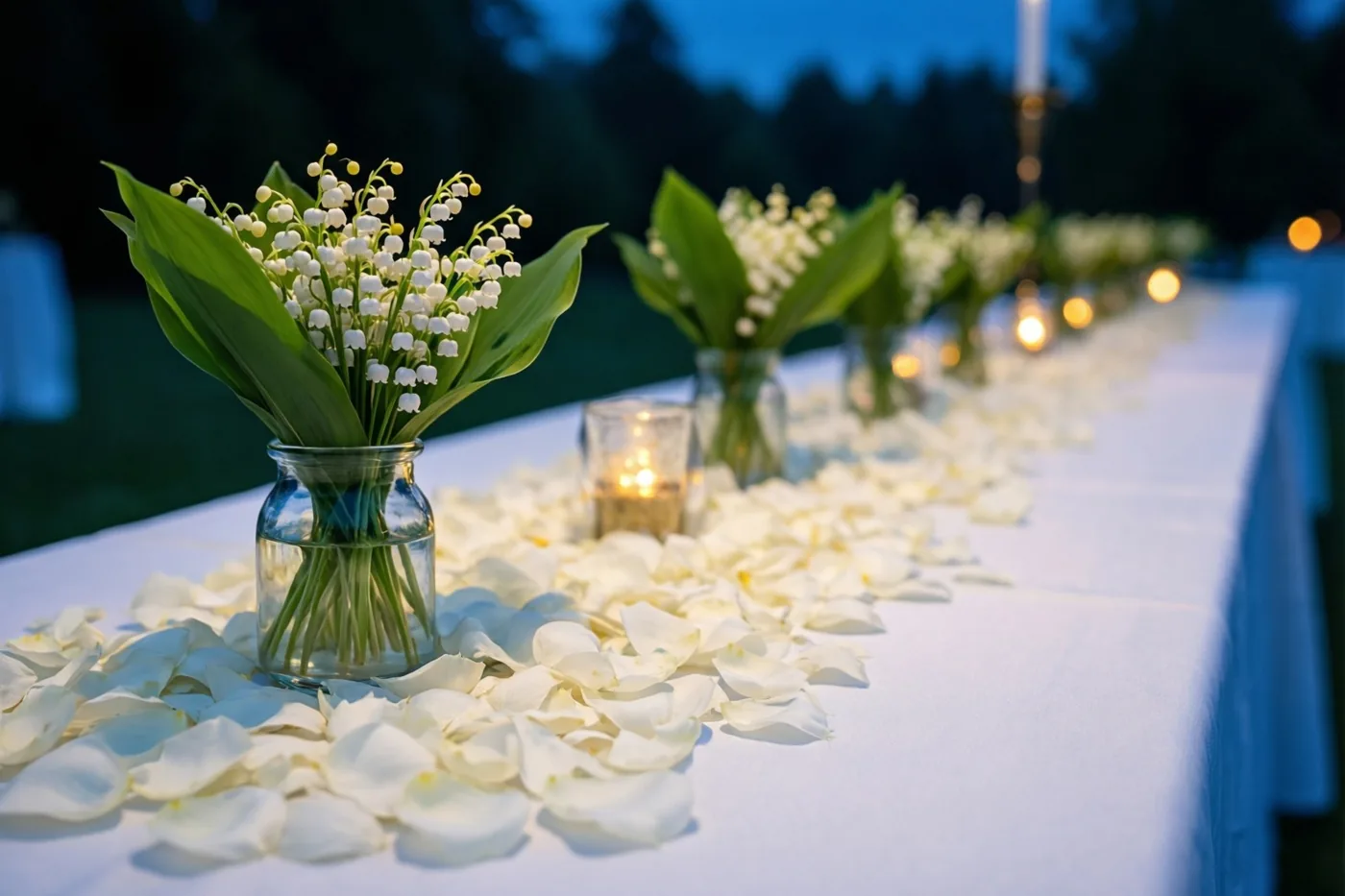 Een lange tafel met een wit kleed, losse witte bloemblaadjes en kleine glazen vaasjes met meiklokjes staat buiten in de schemering, verlicht door zacht kaarslicht onder een donkerblauwe lucht.