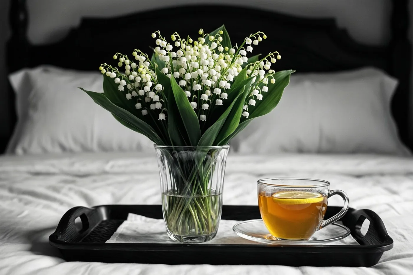 Een glazen vaas met meiklokjes staat naast een glazen kop thee met honing en citroen op een zwart dienblad op een bed met wit beddengoed en een donker hoofdbord.