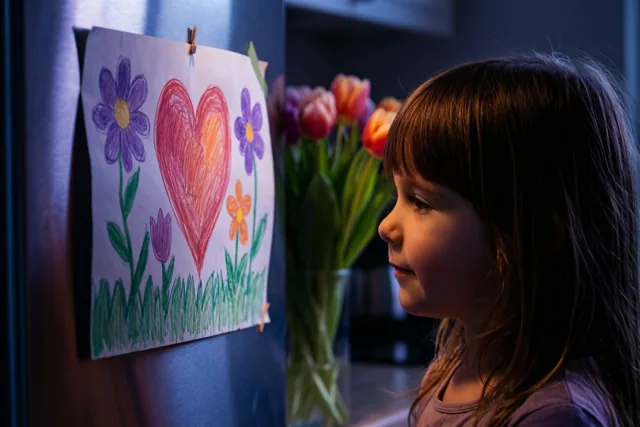 Een jong meisje kijkt naar een kindertekening met een groot hart en bloemen op een koelkast, met een vaas tulpen ernaast in zacht licht.