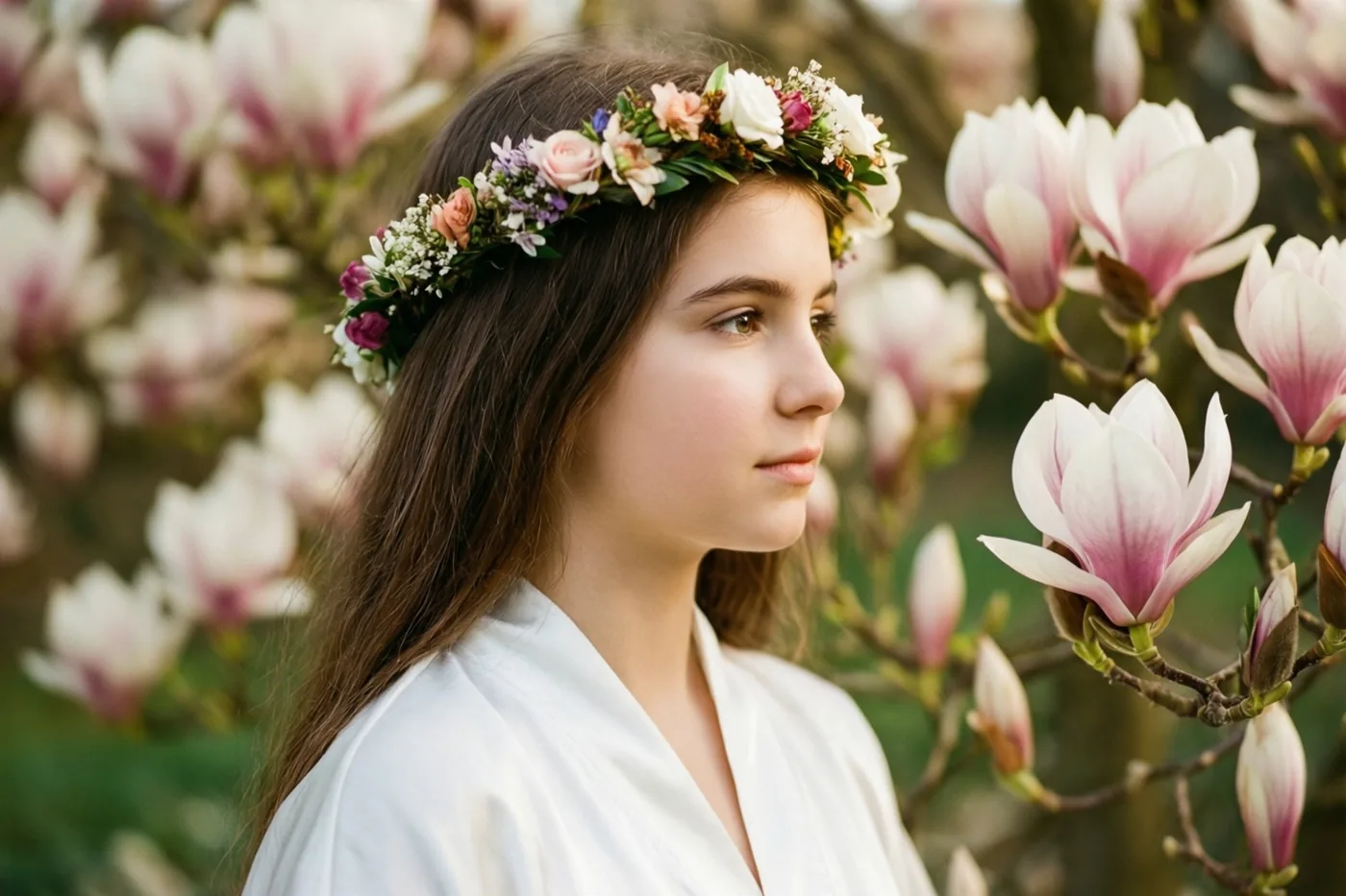Een meisje met lang donker haar, een wit gewaad en een bloemenkroon staat met haar gezicht afgewend tussen bloeiende magnolia’s in zacht daglicht.