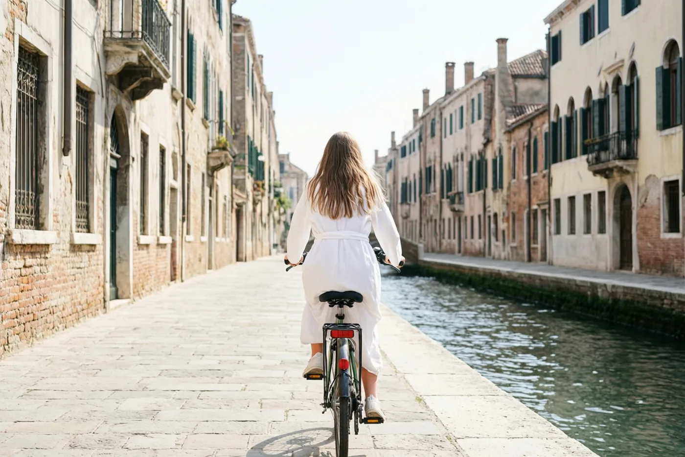 Een meisje met lang haar en een wit gewaad fietst van de camera weg langs een kanaal met oude gebouwen, boogramen en luiken in helder daglicht.