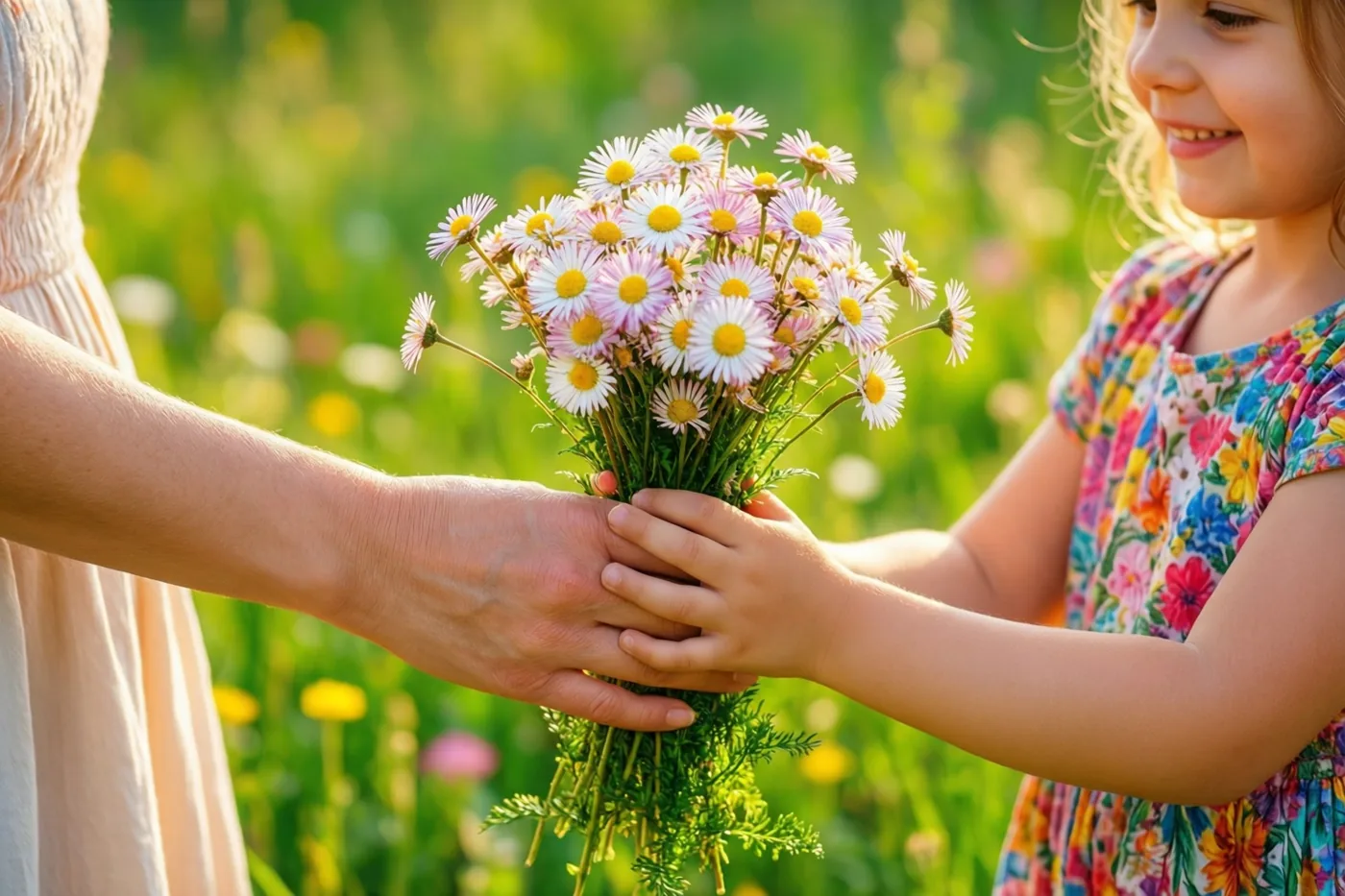 Een meisje in een bloemenjurk biedt een volwassene een boeket madeliefjes aan terwijl hun handen elkaar vasthouden in een zonnige groene wei.