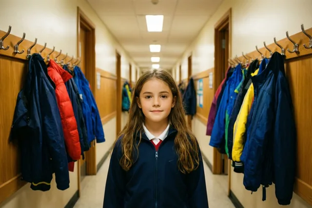 Een jong meisje in een blauw schooljasje staat midden in een warm verlichte schoolgang met houten kapstokken en kleurrijke jassen.