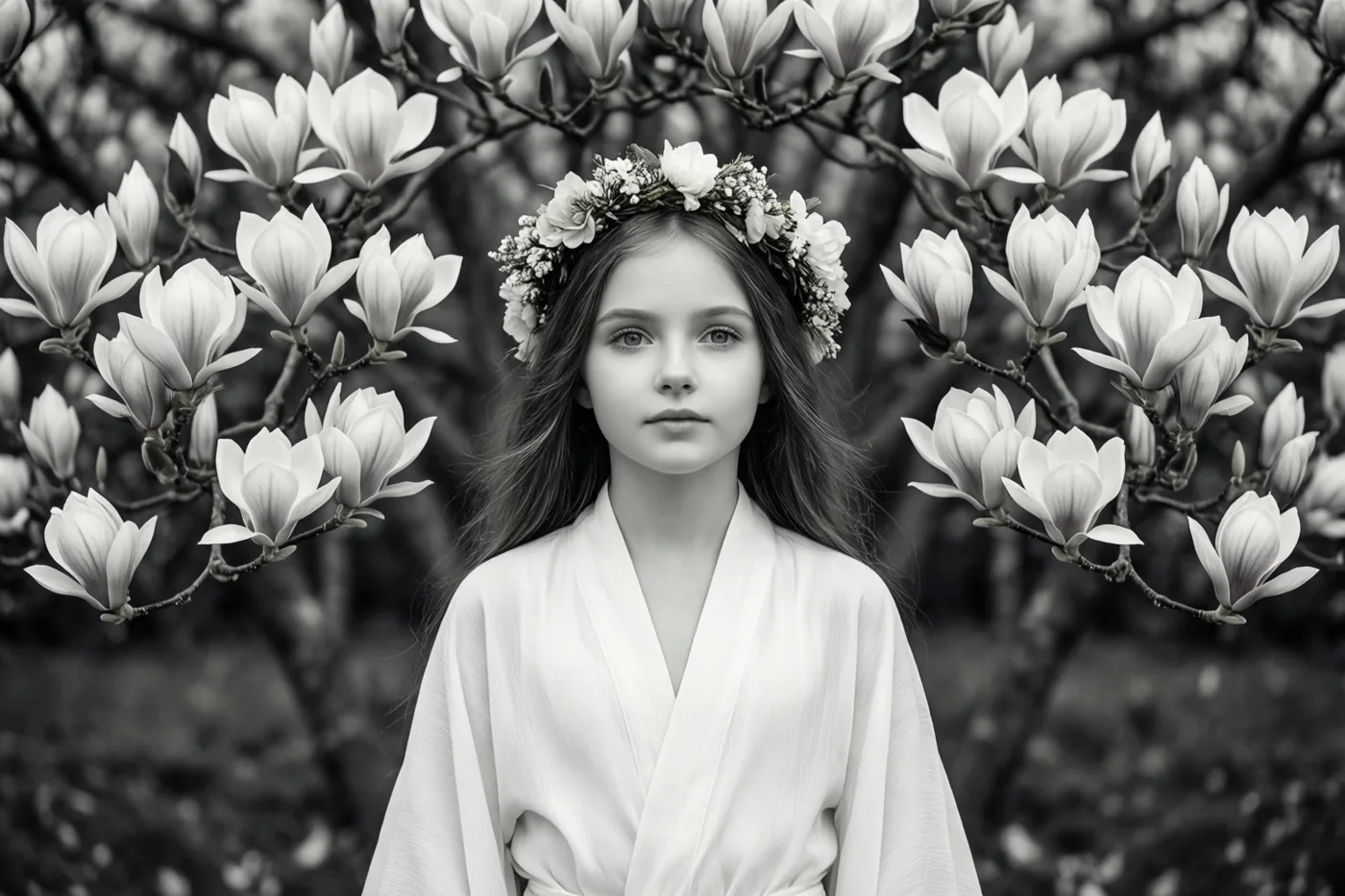 Een zwart-witfoto toont een meisje in een wit gewaad en een bloemenkroon tussen bloeiende magnolia’s.