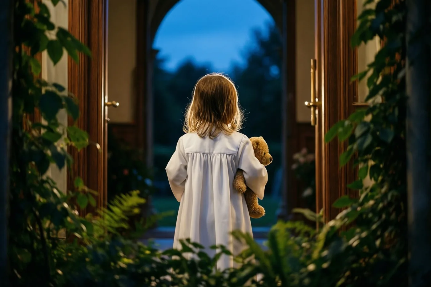 Een meisje in een wit communiegewaad staat met haar rug naar de camera en een teddybeer in haar armen tussen groen en houten deuren, met een blauwe avondlucht zichtbaar door de boogvormige deuropening.