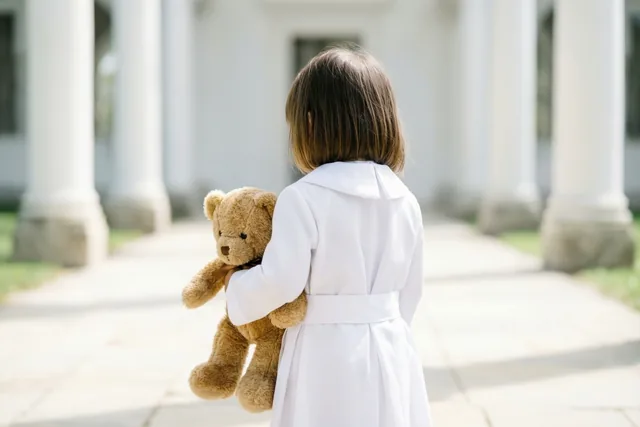 Een meisje in een wit communiegewaad staat met haar rug naar de camera op een stenen pad voor een gebouw met witte zuilen en houdt een bruine teddybeer stevig vast in het heldere daglicht.