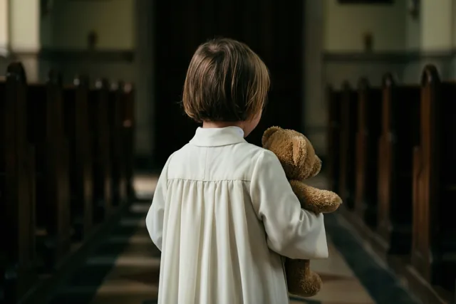 Een meisje in een wit communiegewaad loopt met een bruine teddybeer door het gangpad van een schemerige kerk met houten kerkbanken.
